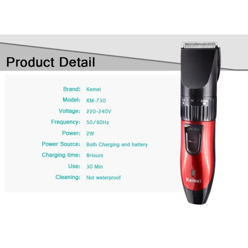 Kemei KM-730 충전식 전기 머리 깎기 배터리 가정용 헤어 트리머 무선 남성 면도기