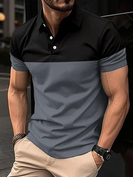 Casual Men s V Neck T-Shirt with Button Lapel and Stylish Contrast Color Design Perfect for Summer Outfits 3
