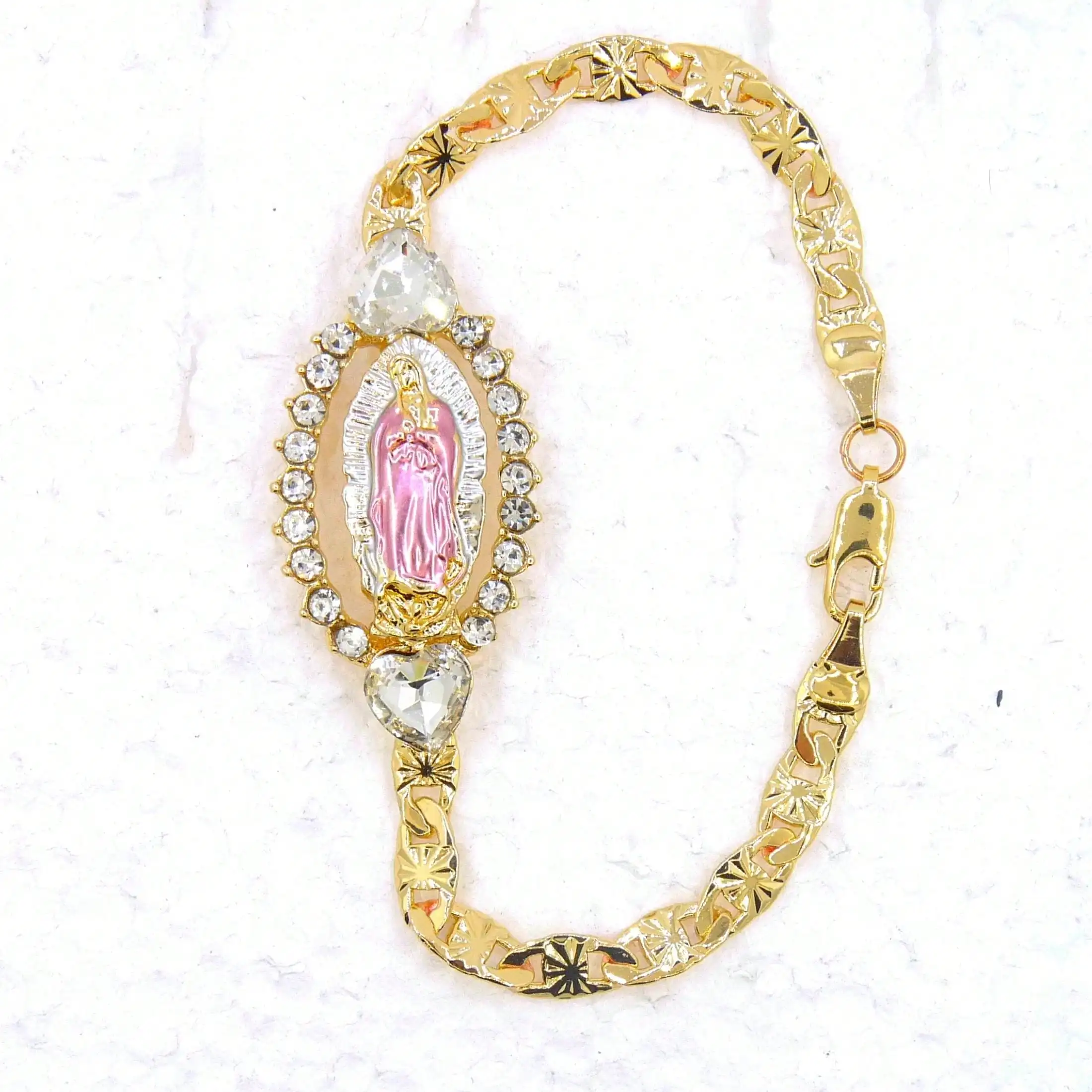 1pc Heart Zircon Gold Plated Virgin Mary MaMa St. Jude St Judas Women's Fashion Religious Bracelet Length 7 Inches