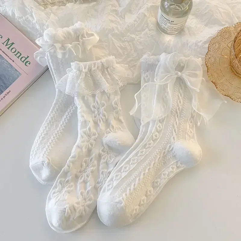 Solid Lace Bow Ruffle Socks Kawaii Lolita Short Socks - Image 6