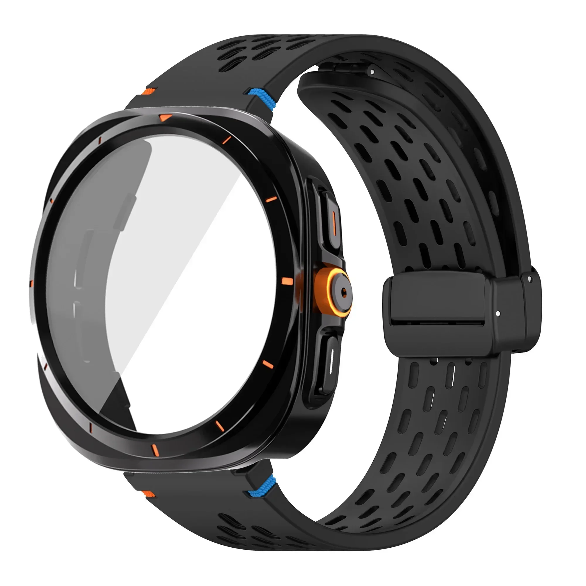 Silicone Magnetic Buckle Band with Tempered Glass Screen Protector and Case Strap