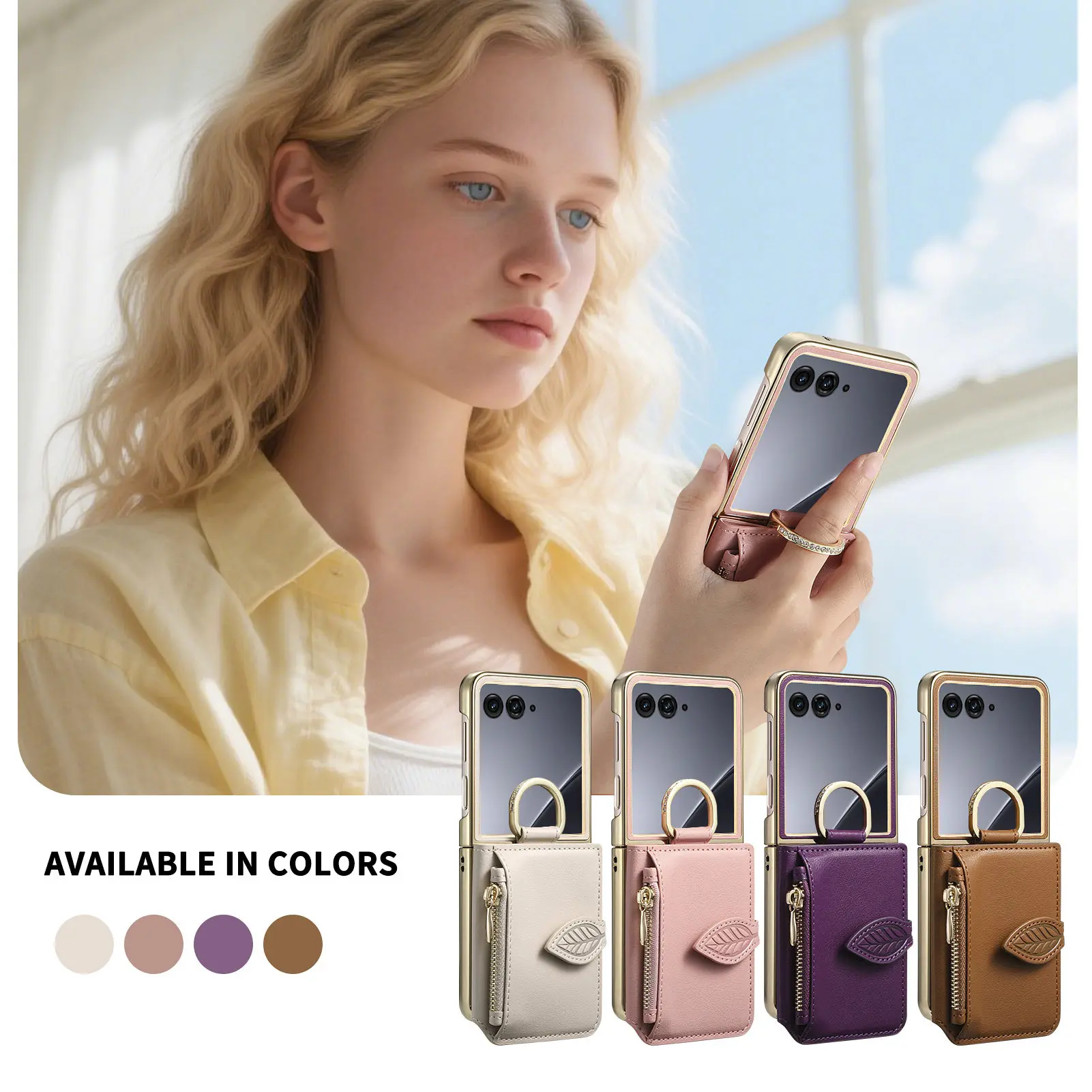 Luxury Zipper Leaf Magnetic Ring Holder Mirror Cards Solt Leather Phone case For Motorola Razr 60 50 Ultra Shockproof Cover