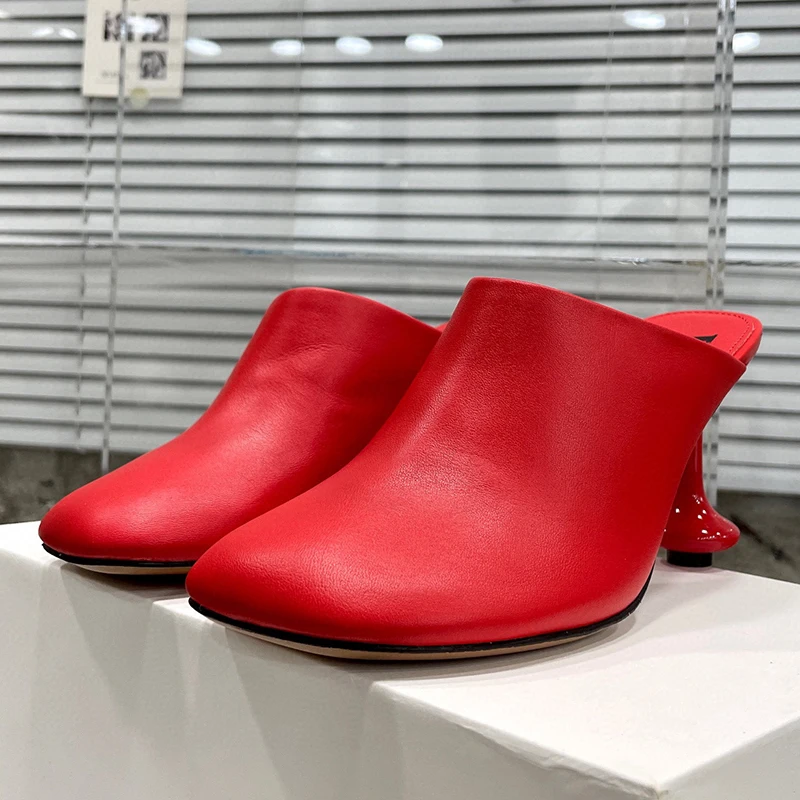 

Summer New Top-level Women Slippers Concise Naikan Baotou Design Banquet Female Pumps Genuine Leather Material Vase Heel Shoes