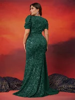 Plus Size Elegant V-neck Sequins Evening Dress Women Short Sleeves Mermaid Formal Luxury Party Streamer Prom Dress - Image 2