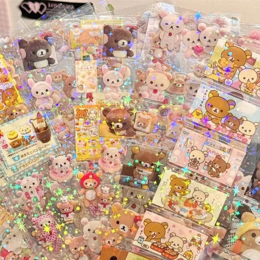 5PCS Cartoon Cute Hello Kitty Rilakkuma Stickers Die-cutting Anime Handbooks Material Flashing Laser Kid Toy