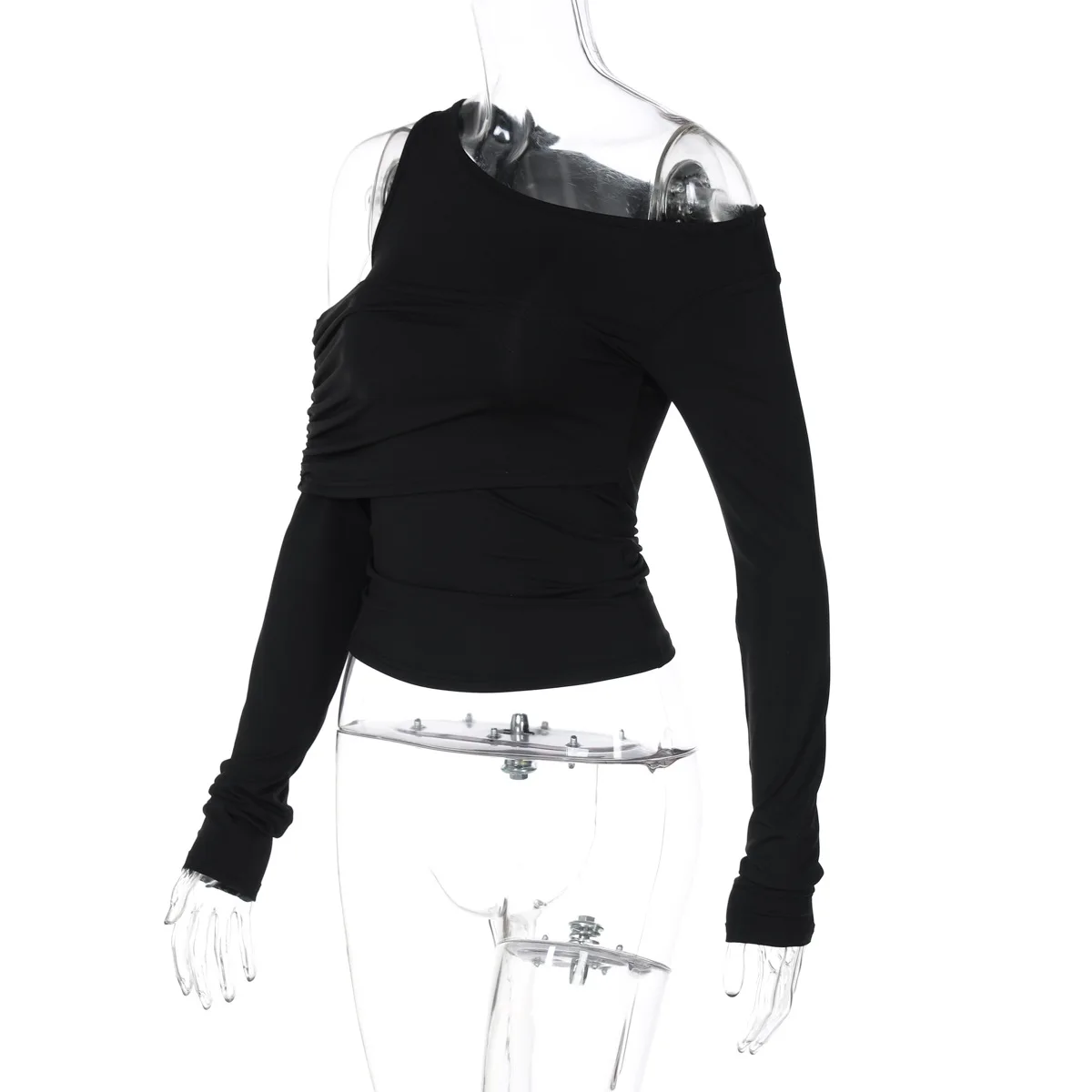 Black Off-Shoulder Long Sleeve T-shirt For Women High Waist Autumn Slim Fashion Pullover Top Ladies Solid Y2k Tee Top