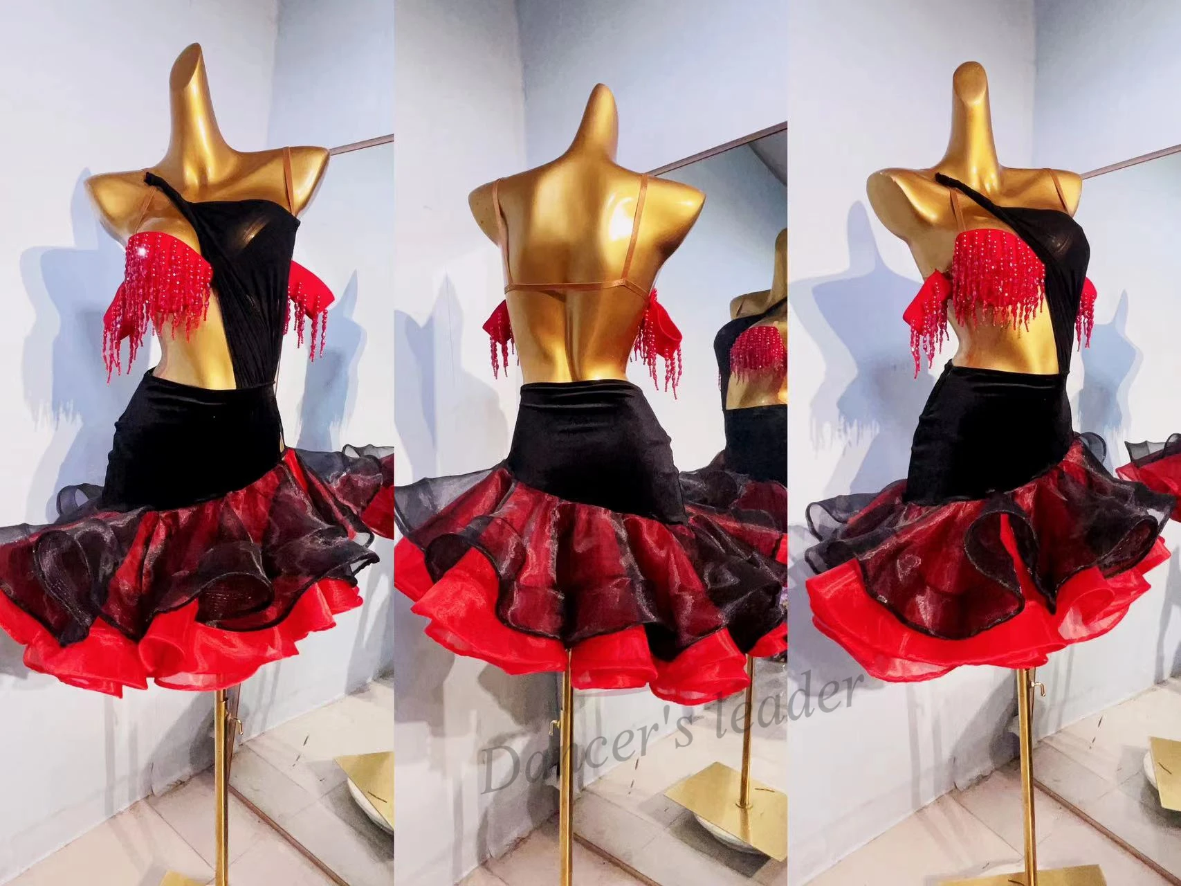 

Женское платье для латиноамериканских танцев, двухцветная сетчатая юбка с волнистыми лямками для танго, профессиональная одежда для женщин и взрослых