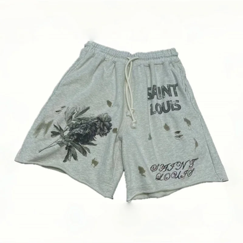 

Splash Ink Graffiti SAINT LOUIS Shorts Man Woman Damage Hole High Quality Drawstring Casual Street Vintage Washed Breeches