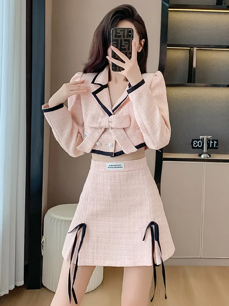 High Quality Small Fragrance Tweed Two Piece Set Women Short Jacket Coat +  Sexy Dress Set Korean Fashion Sweet 2 Piece Suits