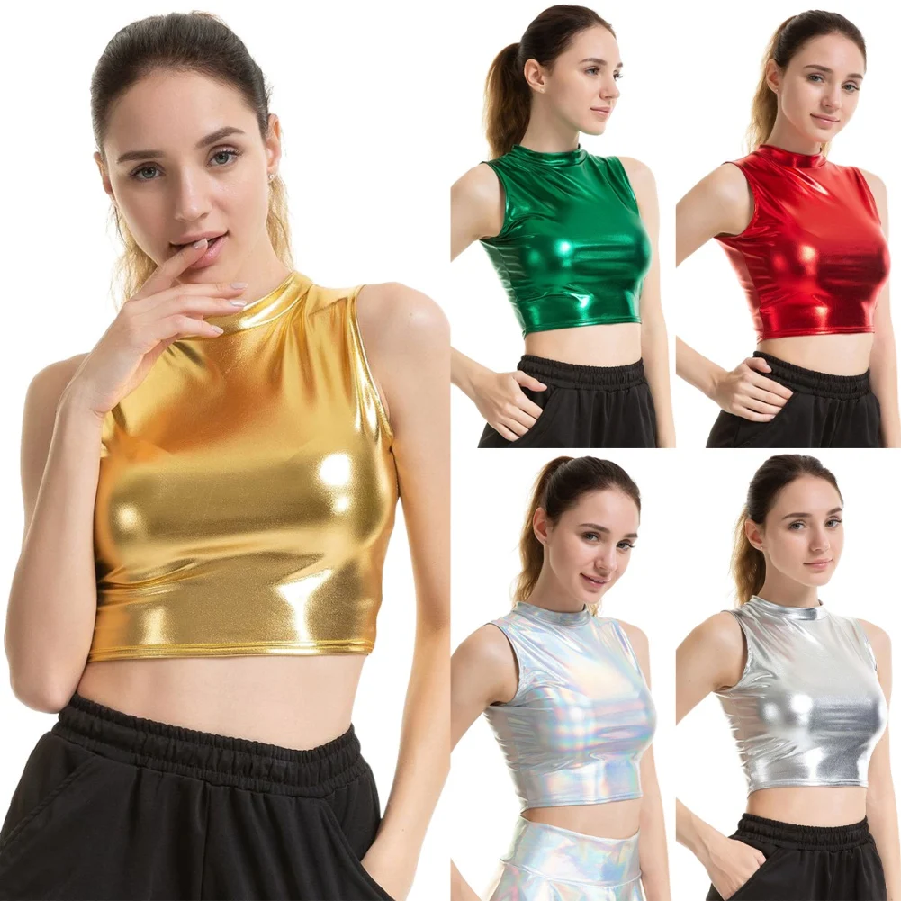 

Crop Top Leotards Turtle Neck Metallic Faux Leather Sexy Shiny Bodycone Club Gold Wet Look Sleeveless Short Top Stage Dance