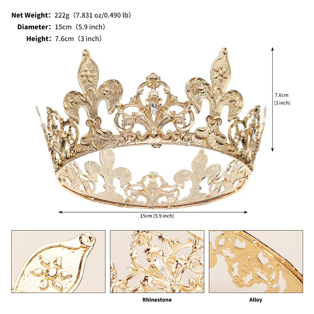 Baroque Round Tiaras and Crowns for Women Accessories Beauty Pageants Crown Gold Color Hair Jewelry Party Headpiece Gift