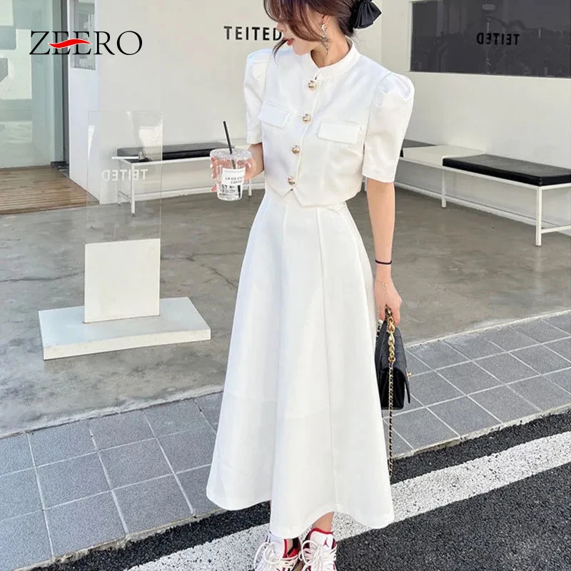 

Summer Korean White Sweet Elegant Skirt Sets Women Crop Top Shirt Blouse + High Waist Mini Skirt Suits Outfits White 2 Piece Set