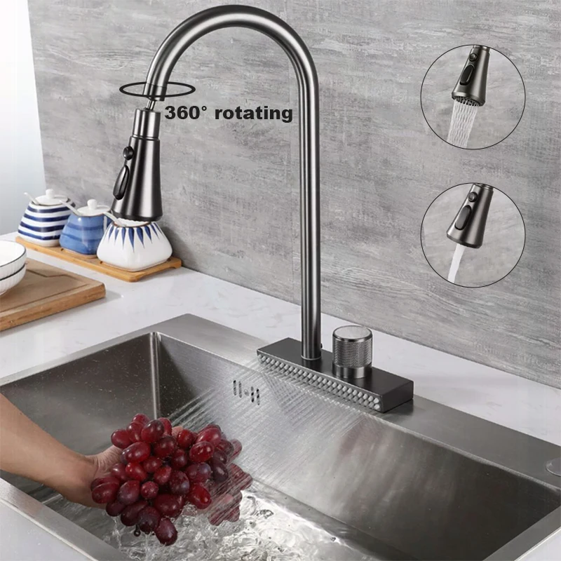 Waterfall Faucet Grey Sink Kitchen  Hot Cold Mixer Wash Basin Multiple Water Outlets Rotation Flying Rain Tap Single Hole pull out   kitchen faucet hot cold mixer water tap 2 model rotatable retractable 304 stainless steel wash basin sink faucets