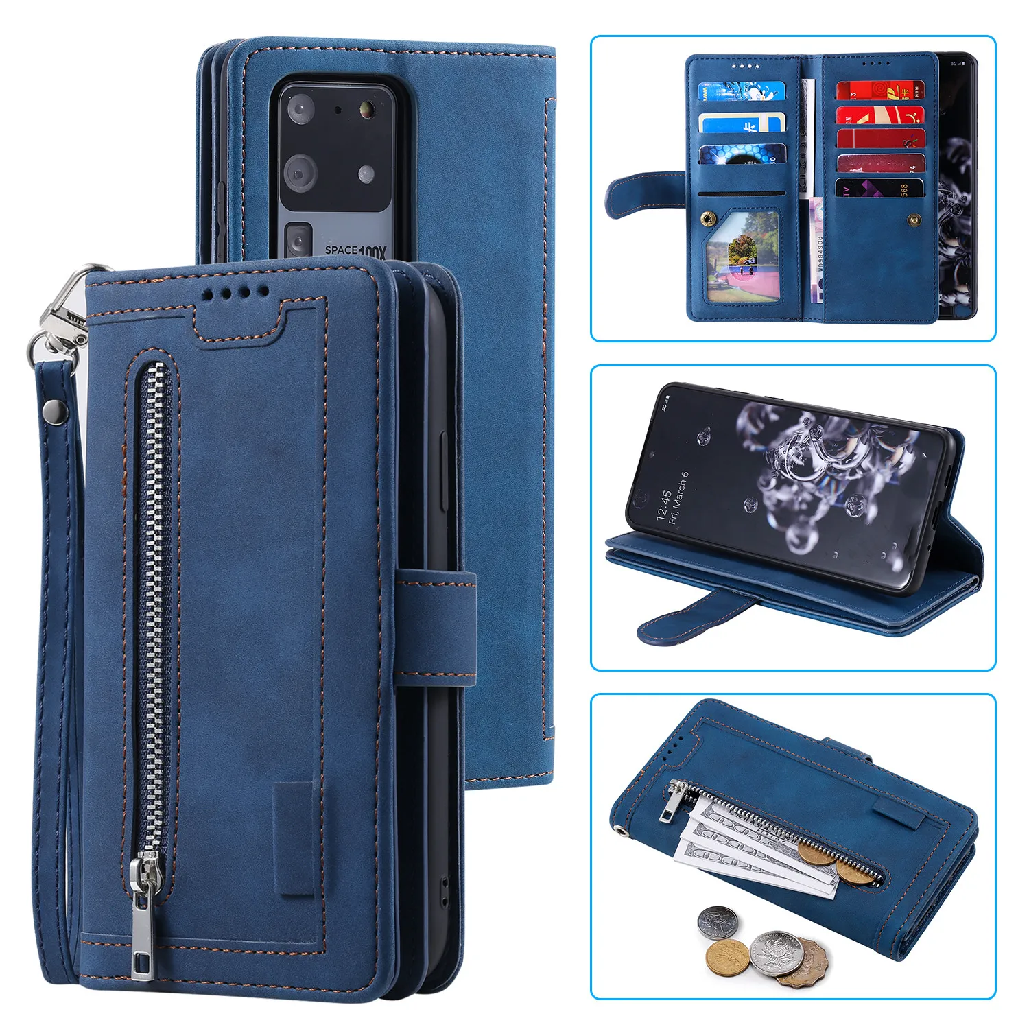 Leather Zipper Wallet Phone Case with Kickstand and Card Pocket