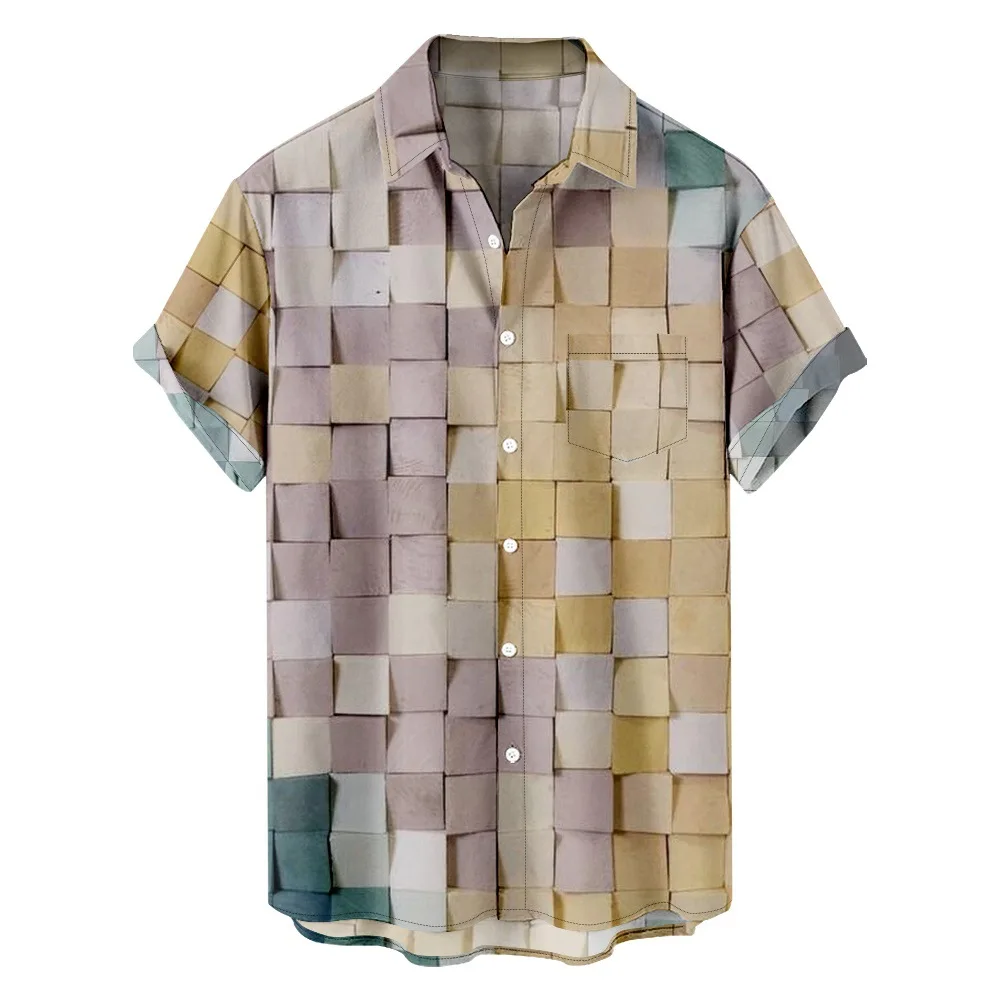 

Hawaiian Casual Men's Plaid Print Shirt Summer Short Sleeves Shirt Men's Clothing Button Blouse Top