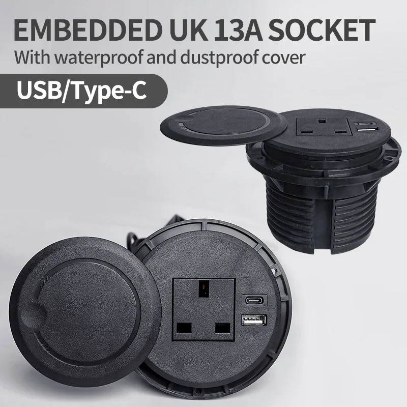 Desktop adapter Multifunctional UK Socket with USB Type-C Recessed Desktop Plug Round Socket