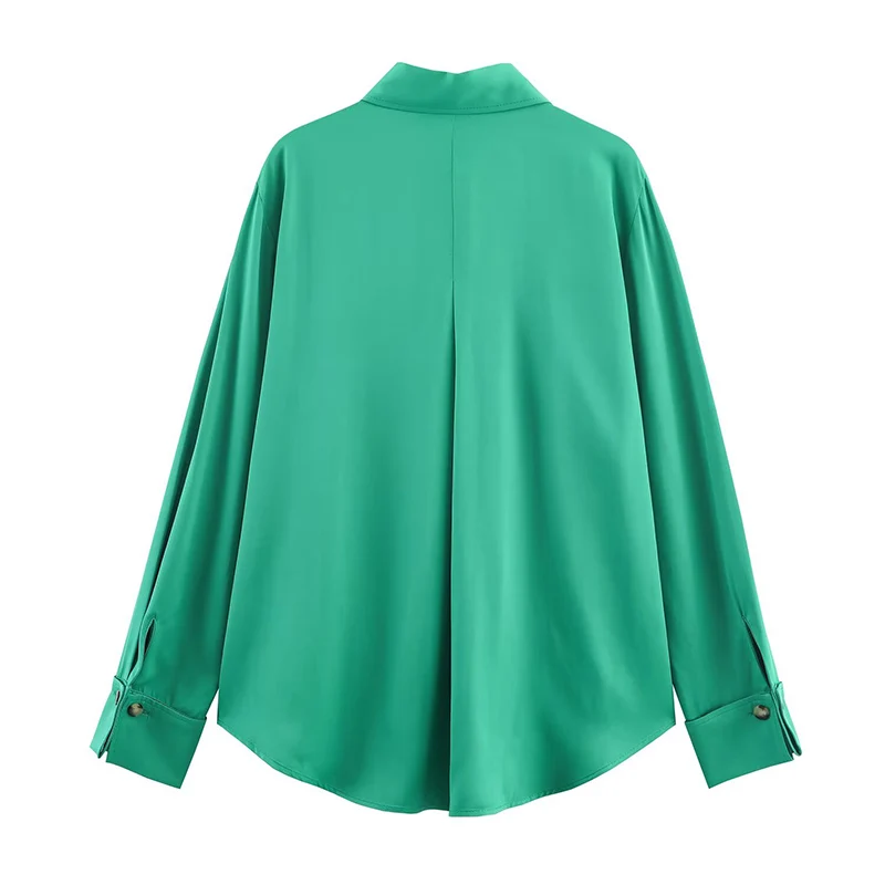 Chic Fashion Green Satin Shirts for Women 2025 New Long Sleeve Pocket Women's Streetwear Casual Shirt And Blouse Top ﻿
