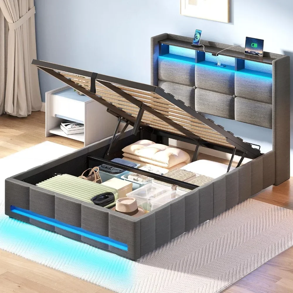 Twin Size Bed Frame with Lift Up Storage, Charging Station & LED Lights, Upholstered Storage Headboard, Bed Frame