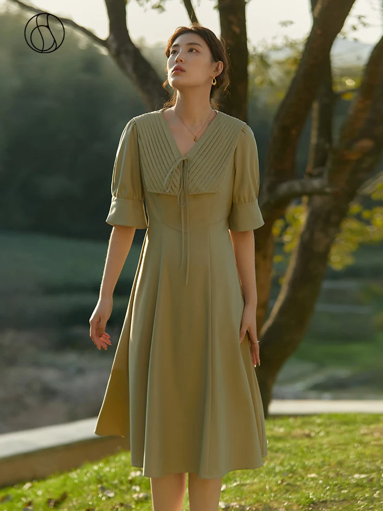 

DUSHU Navy Collar Cool Tan Pintuck Dress Half Sleeve Long A-LINE Skirts Slightly Fat Lady Solid Summer Women Casual Dress