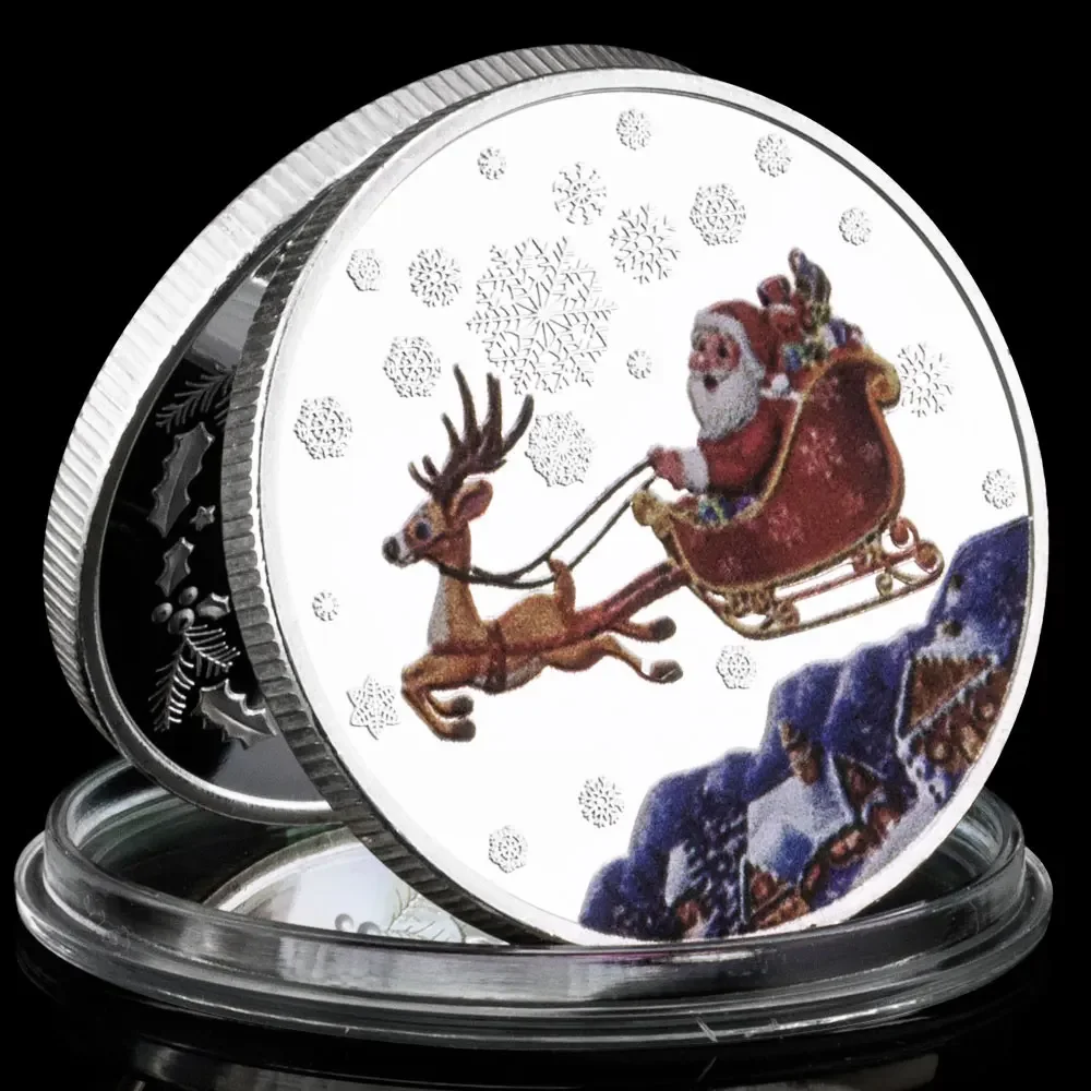 

Merry Christmas Commemorative Coins Silver Plated Santa Claus Wishing Coin Happy New Year Home Decorations