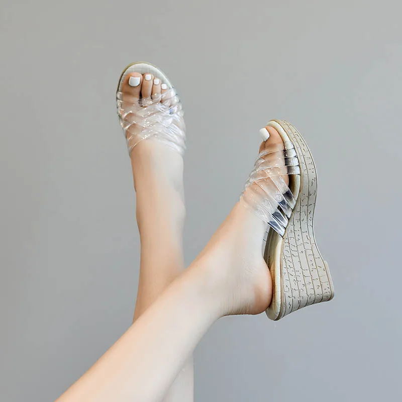 Summer PVC Transparent Peep Toe Cane Straw Weave Platform Wedges Slippers Sandals Women Fashion High Heels Female Shoes |