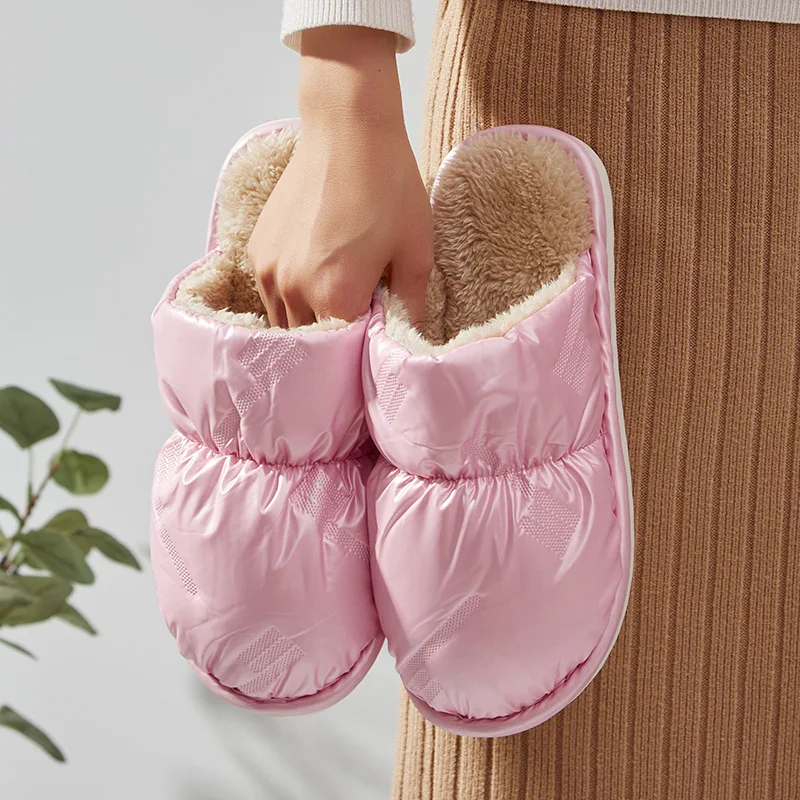 2022 Winter Couples Outer Wear Glossy Waterproof Upper Floor Slippers Women's Household Warm Down Cloth Cotton Shoes Mujer