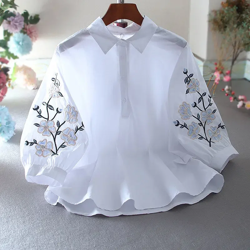 Summer Embroidered White Top Shirt for Women New Embroidered