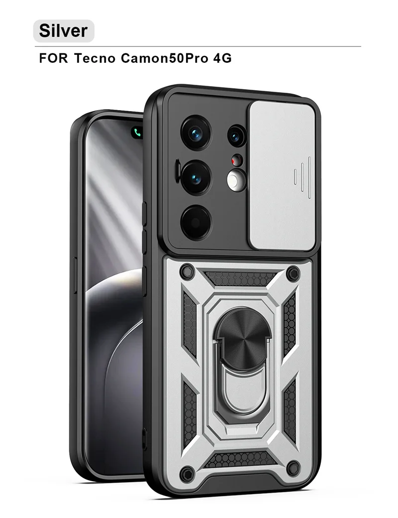 Slide Camera Lens Protection Phone Case with Ultra Ring Stand Hybrid Shockproof Cover