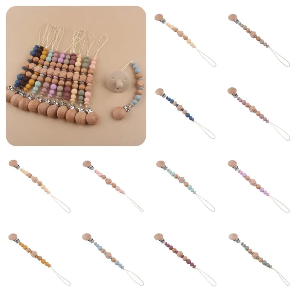 Dummy Clips Pacifier Holder Clips Wood Octagonal Space Beads Baby Pacifier Chain Soother Holder Nipple Holder Clips