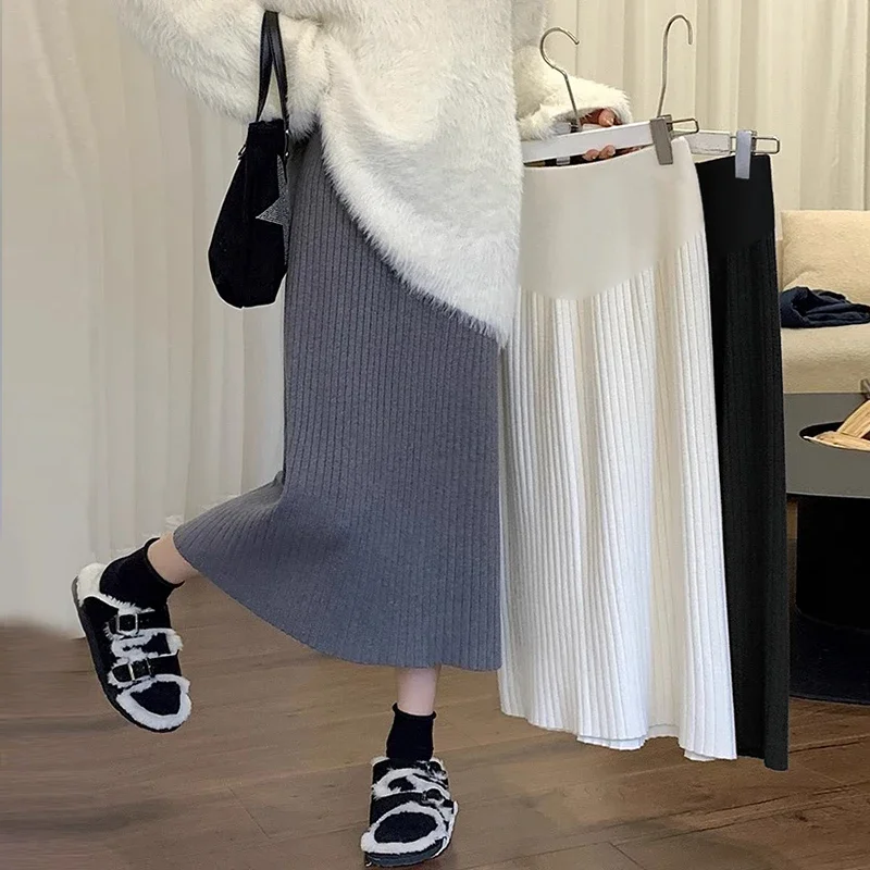 New Pregnant Women's Skirts Solid Color Casual Knitted One Step Skirt Adjustable Waist Maternity Empired Skirt