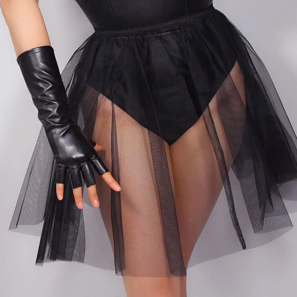 Women Winter Warm Long Sheepskin Fingerless Gloves Fashion Punk Black Half Finger Gloves Ladies Dancing Party Accessories Gifts