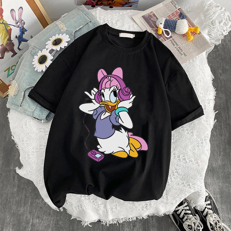 2022 New Pink Disney Fashion Cute Daisy Duck Cartoon Print Casual Women T-Shirt O-Neck Pullover Short Sleeve Loose Tee Top