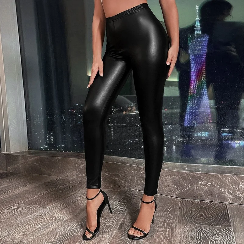 

Plus Size Shiny Black Pencil Pants Female High Waist Elastic Leggings Sexy Shiny Nightclub Tight Pants Casual Trousers