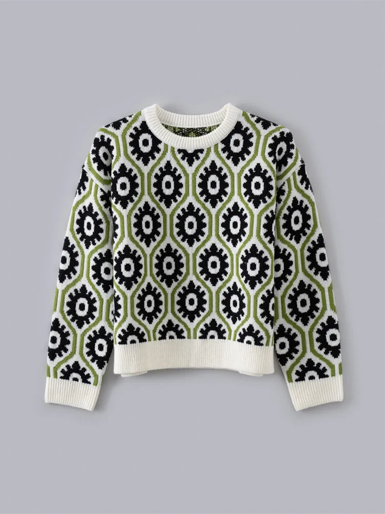 

Women Geometry Print Retro 100% Wool Sweater Top 2023 Autumn Long-Sleeved Casual Female O-Neck Knit Jumper
