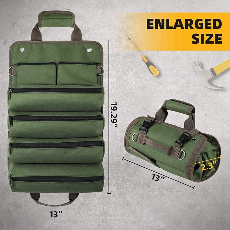 Tool Bag Roll Up Portable Tool Storage With 2 Removable Zipper Pockets