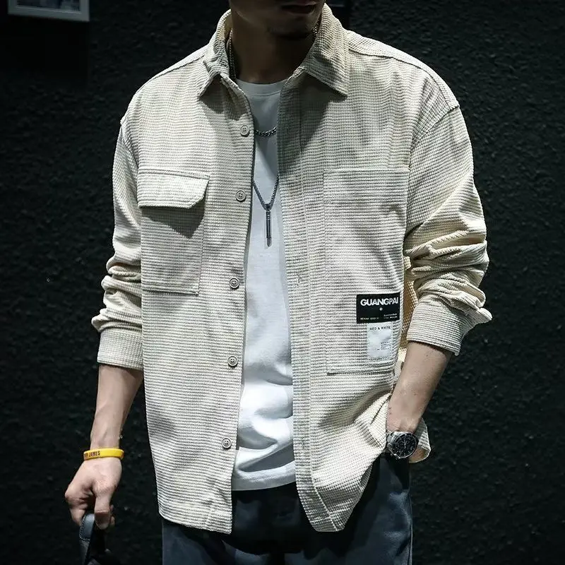 

Spring Autumn New Solid Color Fashion Long Sleeve Shirt Man High Street Casual Button Cotton Cardigan Waffler Pockets Y2K Tops