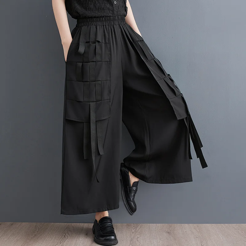 #2961 Black Streetwear Wide Leg Pants Women Ribbons Hip Hop Pants Ankle-length Loose Joggers Women High Waisted Trousers Summer