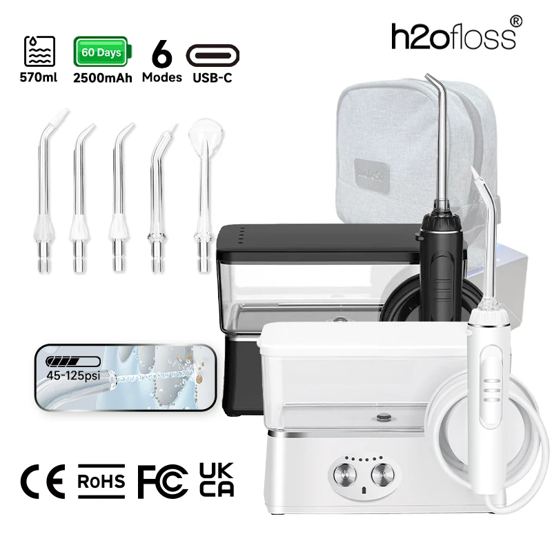 H2ofloss Water Flosser Portable Oral Irrigator 570ml 140PSI High Pressure 6 Modes 5 Nozzles with Storage Bag USB Rechargeable