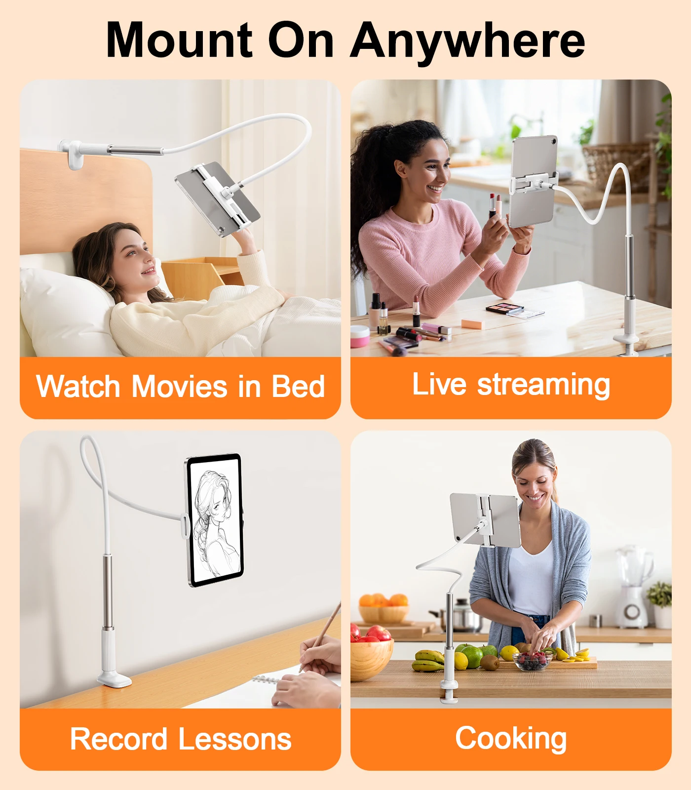 Eary Gooseneck Phone Holder Tablet Stand for Bed Clamp Cell Phone Mount Desk Flexible Long Arm Adjustable for 4.7-12.9"In Device