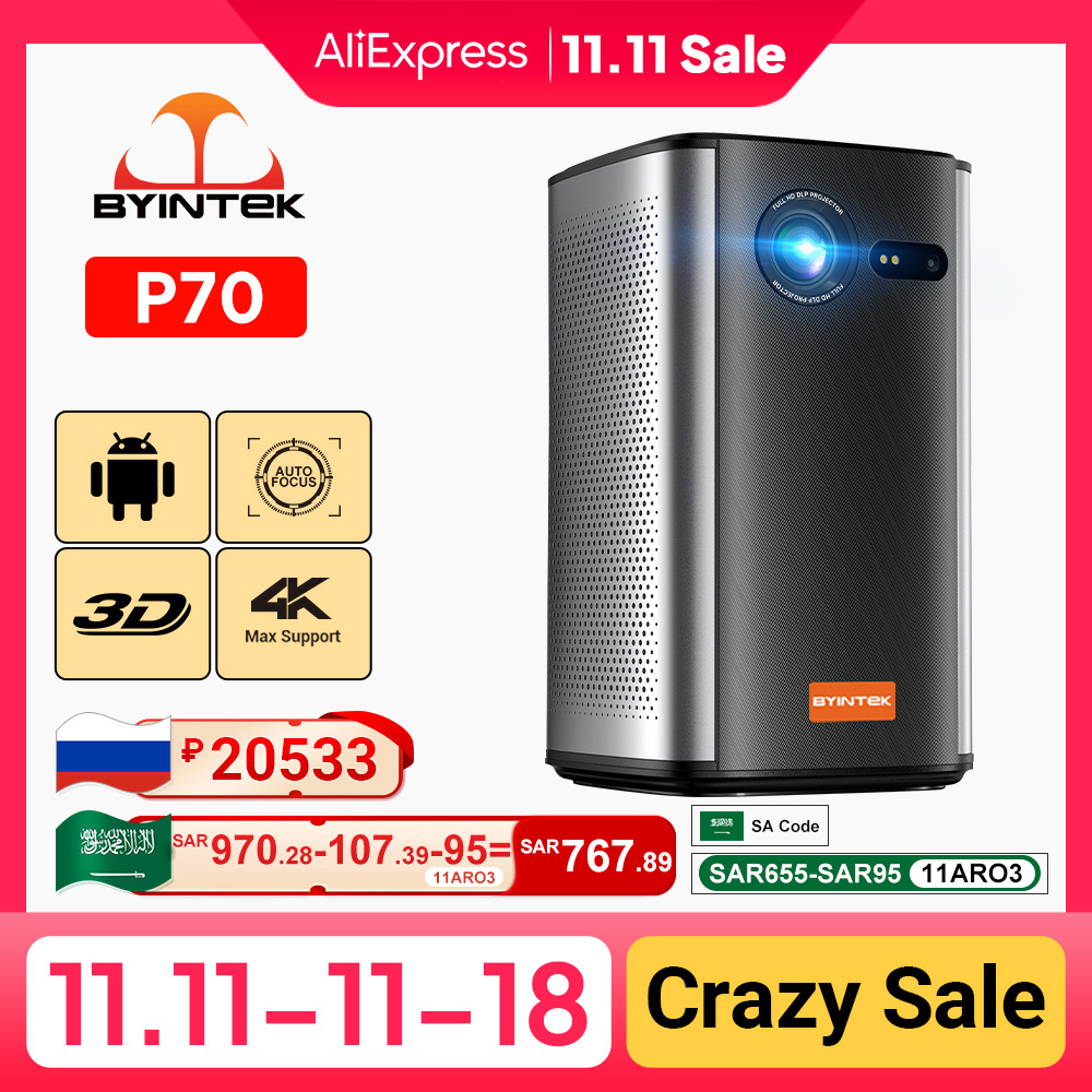 BYINTEK P70 Projector 4K 1080P DLP Mini Portable Projector Home Theater Smart Wi-Fi & Bluetooth for Movies & Gaming With Battery