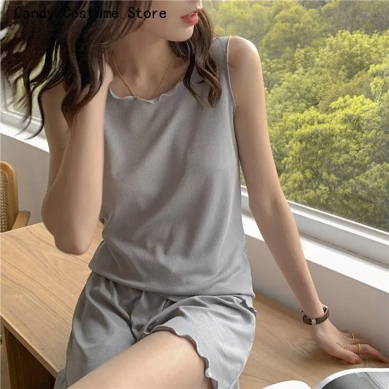 Chic Pajama Setssolid Color Simple Korean Style Sleeveless Two-Piece Leisure Sweet Thin Home Sleepwear Round Neck Summer Women