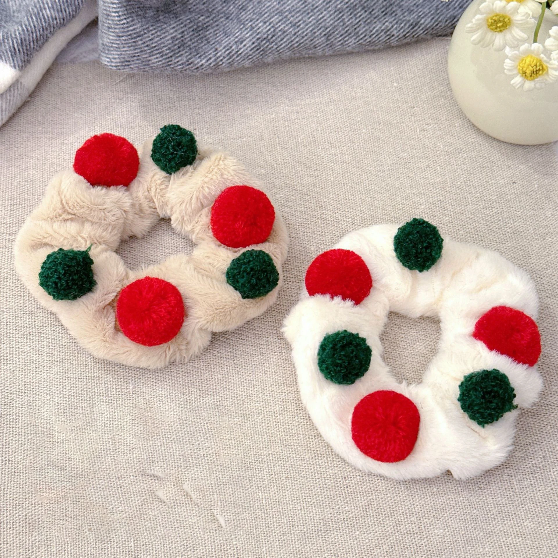 1PC Christmas Pom Pom Scrunchies - Plush Festive Hair Ties with Red Green Poms, Cute Holiday Hair Accessories for Women Girls