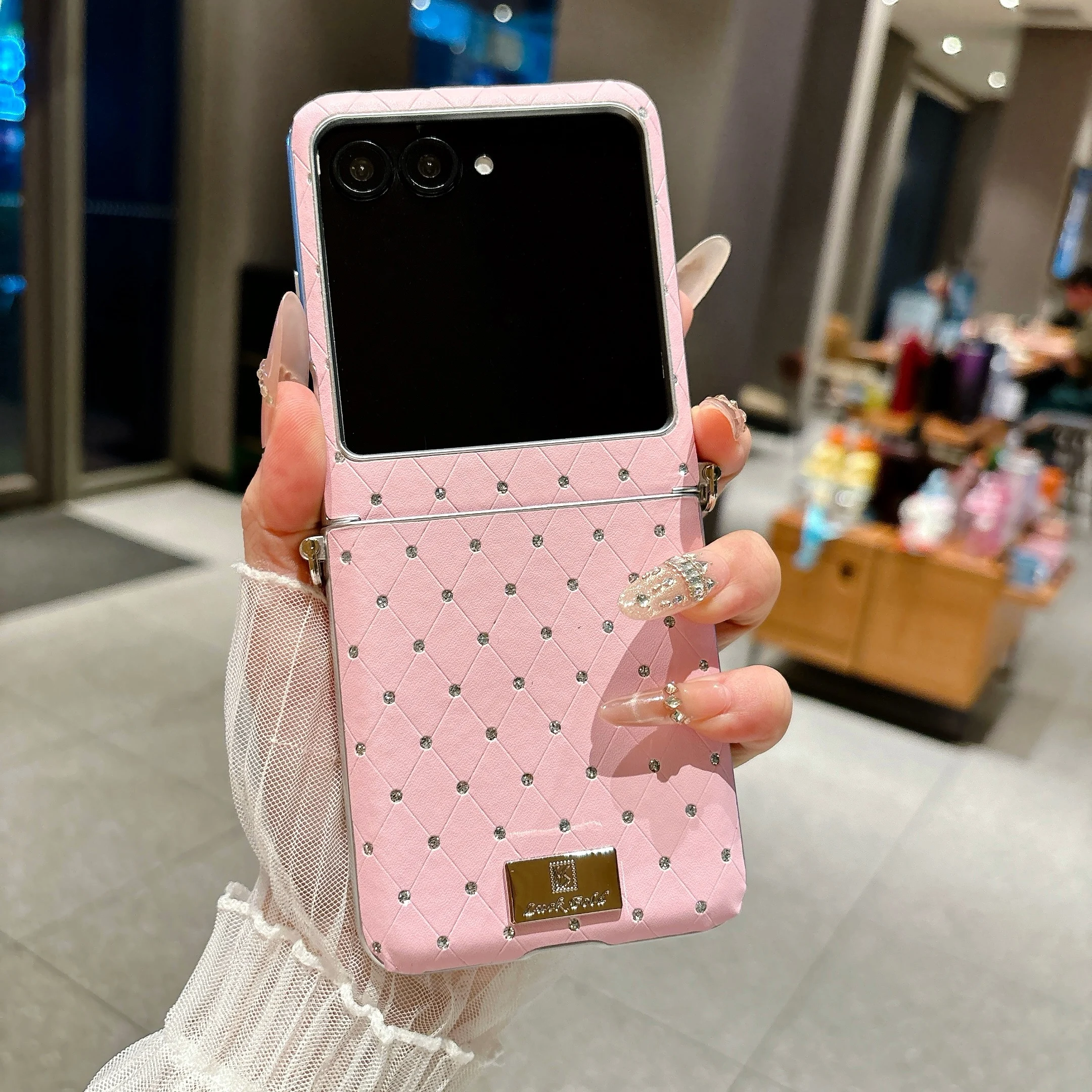 Cute Glitter Bowknot Rhinestone Flip Phone Case with Chain, Rhombus Design