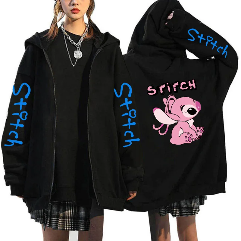Oversized Sweater Women's Clothing Free Shipping Disney Lilo & Stitch Pattern Zip-Up Hoodies Autumn Winter Long Sleeve Warm Coat 2