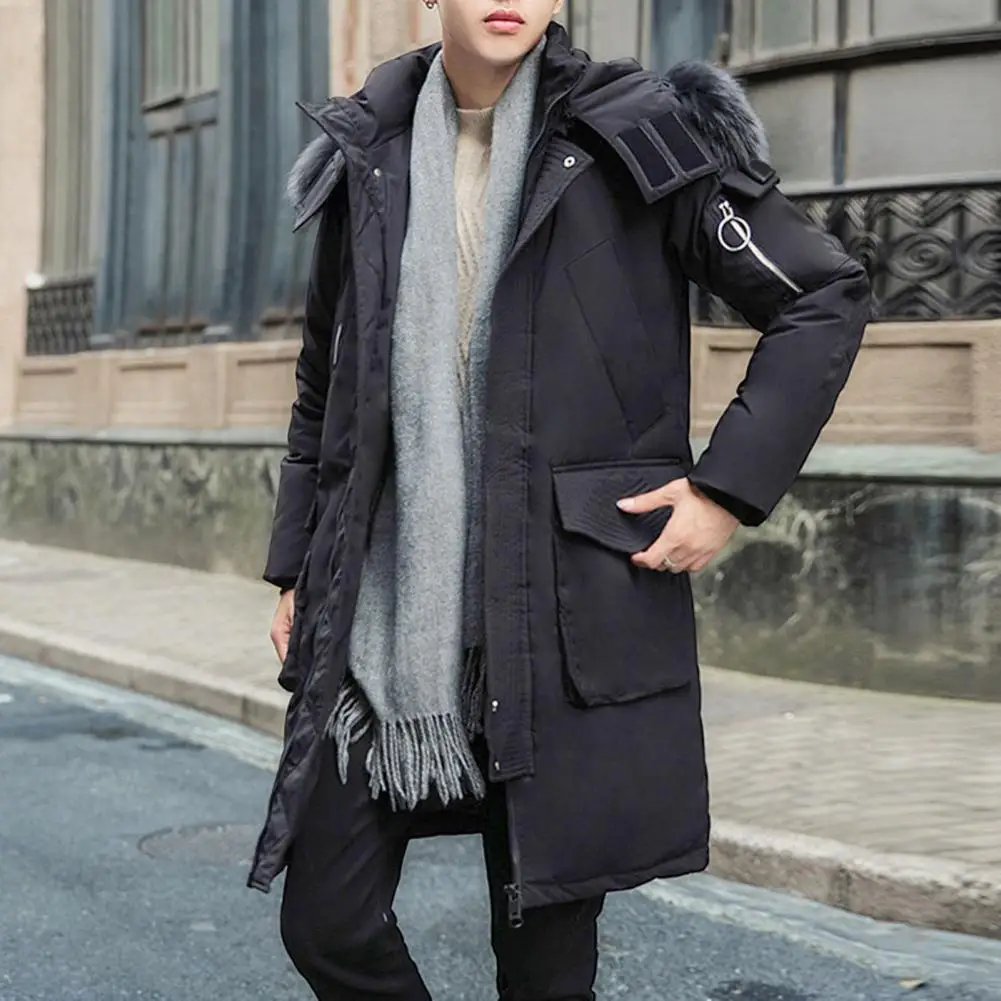 Cold Weather Outerwear Men's Fur Collar Hooded Down Jacket with Zipper Placket Pockets Long Sleeve Winter Coat for Cold Weather
