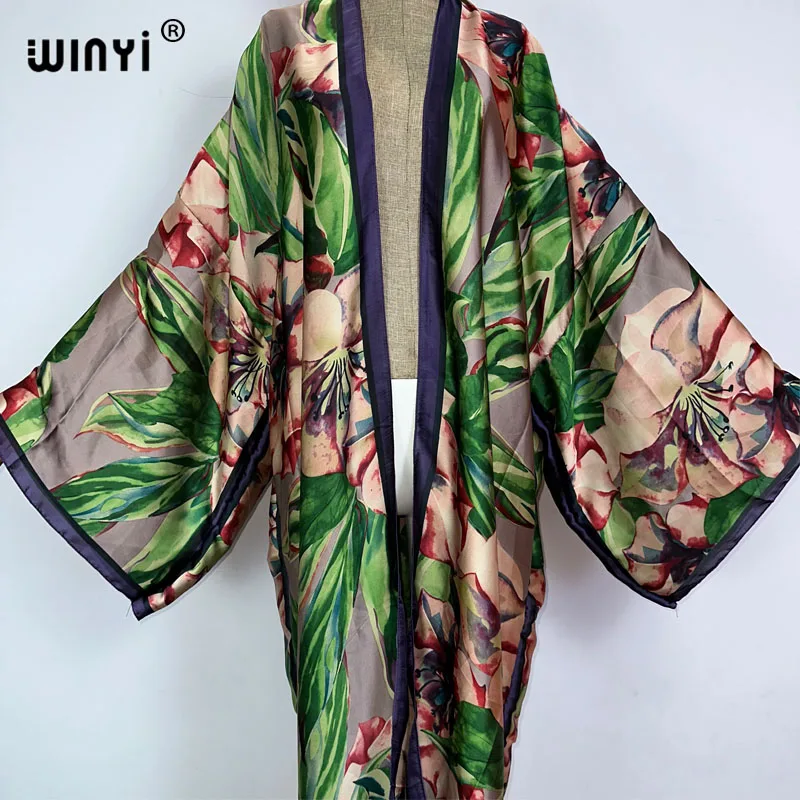 WINYI 기모노 보헤미안 프린트 보호 카프탄 비치 웨어 커버 업, 우아한 가디건, 섹시한 홀리데이 맥시 비치 의상, 여성용 베스티도