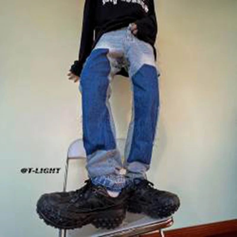 

y2k Jeans Multiple Pockets Stitching Patch men Pants Hip Hop Wide Leg Denim Trousers Washed Patchwork y2k streetwear jeans