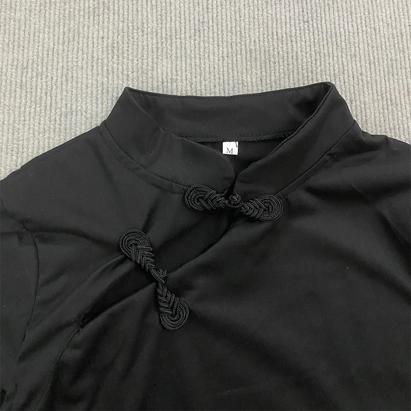 Women's Beige Chinese Style Cheongsam Blouse Vintage Mandarin Collar Short Sleeve Crop Top with Frog Button Keyhole Asymmetrical
