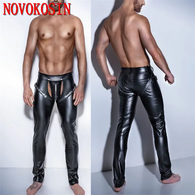 Sexy Men Faux Leather Open Crotch Erotic Penis Pack Pants PVC Night Club Men Straps Bandage Jockstrap G-strings Trousers S-2XL