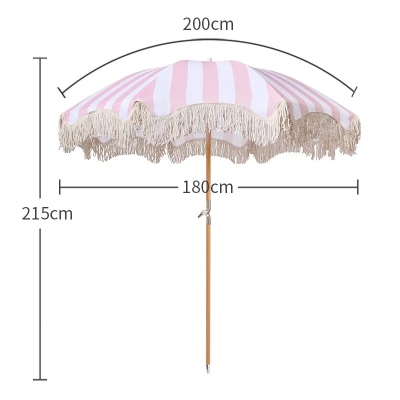 Beach umbrella Boho Beach Umbrella with Fringe UPF 50+ Patio Tassel Parasol Wood Pole Foldable Umbrella for Holiday Garden Lawn Pool Yard Table